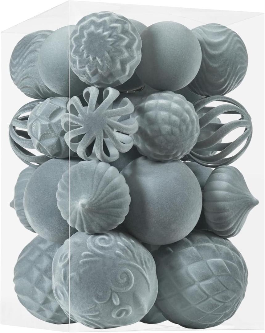 30pcs Velvet Christmas Ball Ornaments, Flocked Shatterproof Christmas Ornaments Hanging Xmas Tree Decorations Set for Home Party Holiday Decor (Multi-Size, Grey)