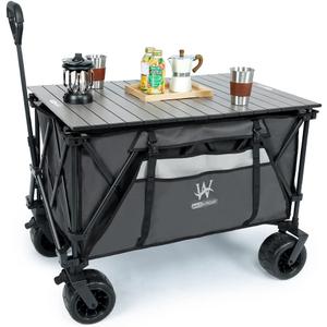 Whitsunday Heavy Duty Collapsible Wagon Cart,440Lbs Folding Outdoor All Terrian Wheel Utility Camping Park Wagon Cart with Table Grey