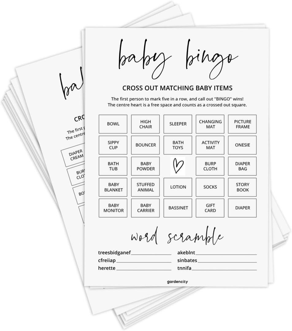 Baby Shower Bingo Game (50 Unique Cards), Pre-Filled, Baby Shower Games, Added Word Scramble - Minimalist