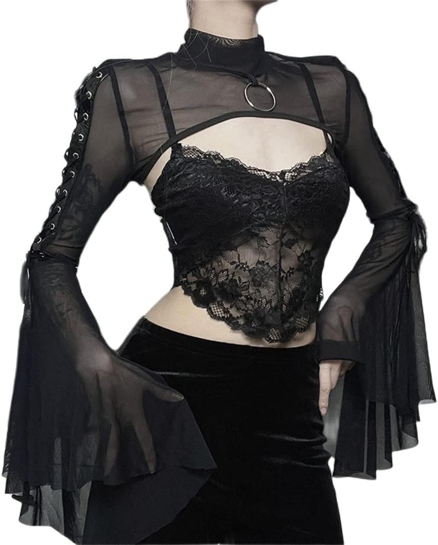 Women Goth Tops Punk Cover Ups Mesh Crop Top See Through Sexy Long Sleeve Blouse Y2k Black Rave Outfit Festival (Black, L)