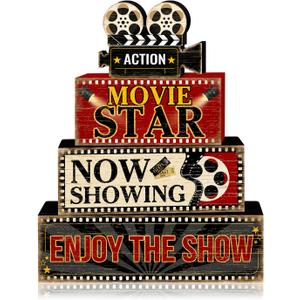 Britimes 4 Pcs Movie Night Table Decor Christmas Tiered Tray Decorations Set Movie Star Stack Block Signs Gift Rustic Farmhouse Tabletop Decor for Table & Home Office