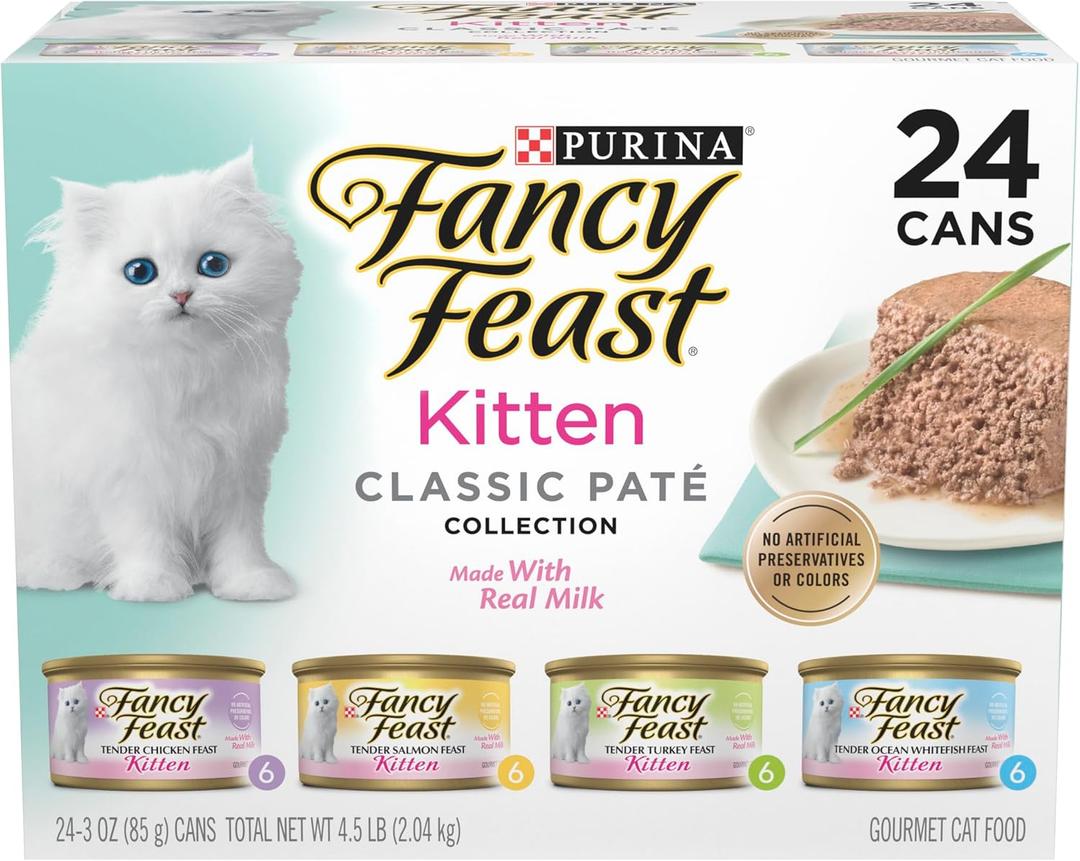 Purina Fancy Feast Tender Ocean Whitefish, Turkey, Chicken and Salmon Feasts Wet Kitten Food Variety Pack - (Pack of 24) 3 oz. Boxes, No BB Date