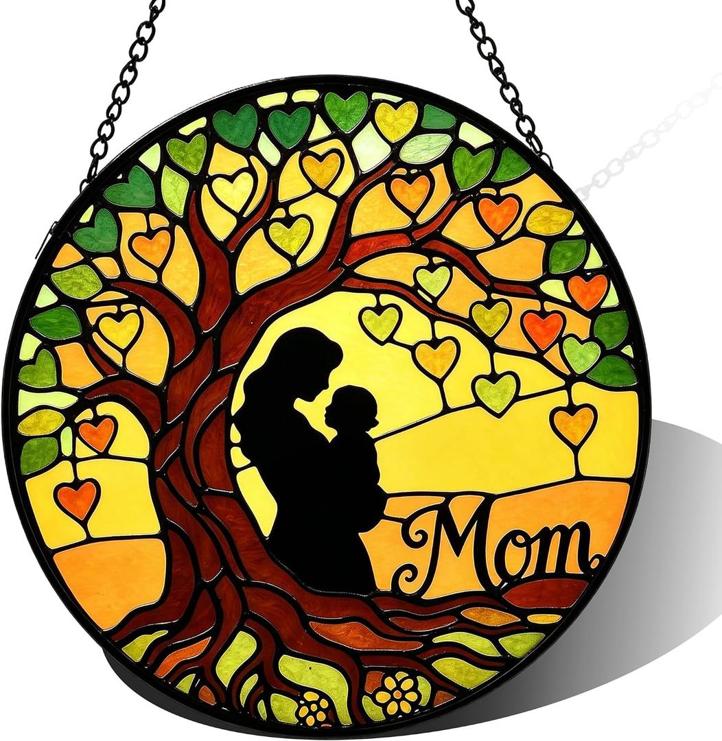 Nacome Tree Stained Glass Window Hanging: Mothers Birthday Day Gifts for Mom Women Grandma - Colorful Sun Catchers Tree of Heart Glass Panel Suncatcher for Indoor Outdoor Decor(6.3in)