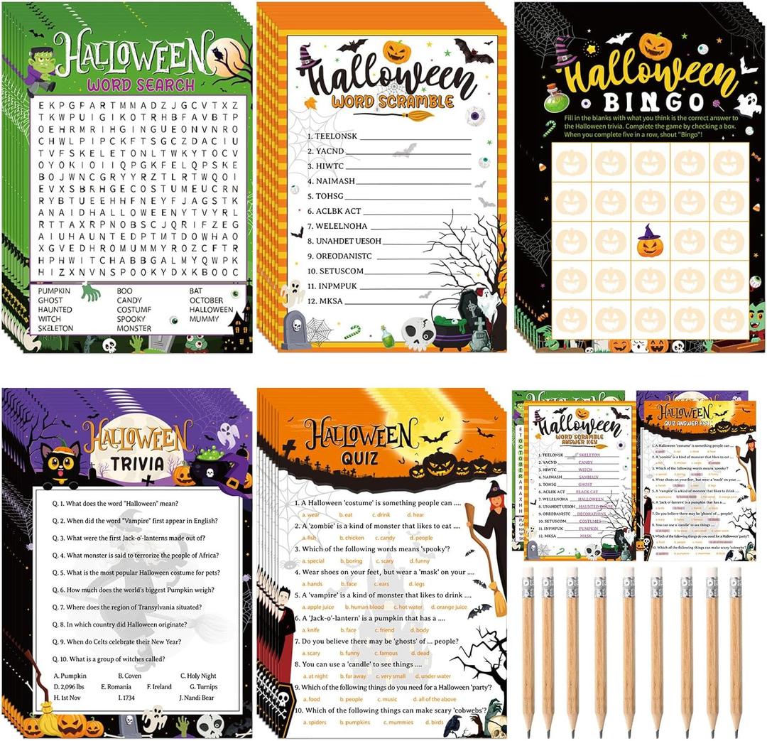 Pasimy 149 Pcs Halloween Party Games with Pencil 25 Players Halloween Word Search Scramble Trivia Quiz Game Bingo Card for Adults Groups Fall Family Activities Party Favors Supplies