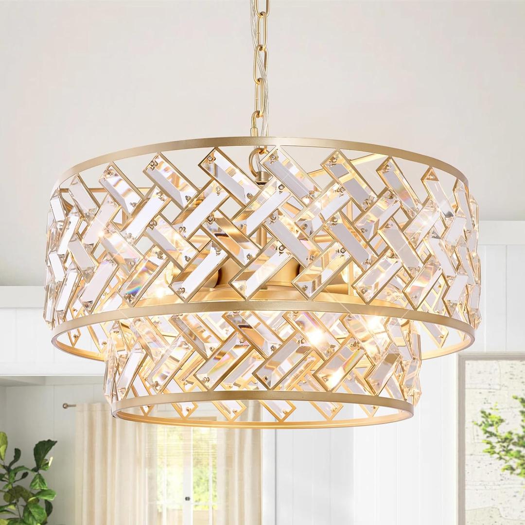 20'' Modern Gold Crystal Chandelier Luxury Semi Flush Mount Ceiling Light Fixtures 6-Lights Round Crystal Pendant Chandelier for Dining Room Foyer Living Room Bedroom (Large Drum Gold)
