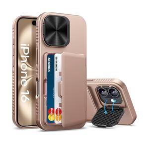 for iPhone 16 Case with Card Holder & Camera Lens Cover & Stand, Military Grade Drop Protection Shockproof Rugged Kickstand Wallet Protective Phone Case Cover for iPhone 16 6.1" 2024, Rose Gold