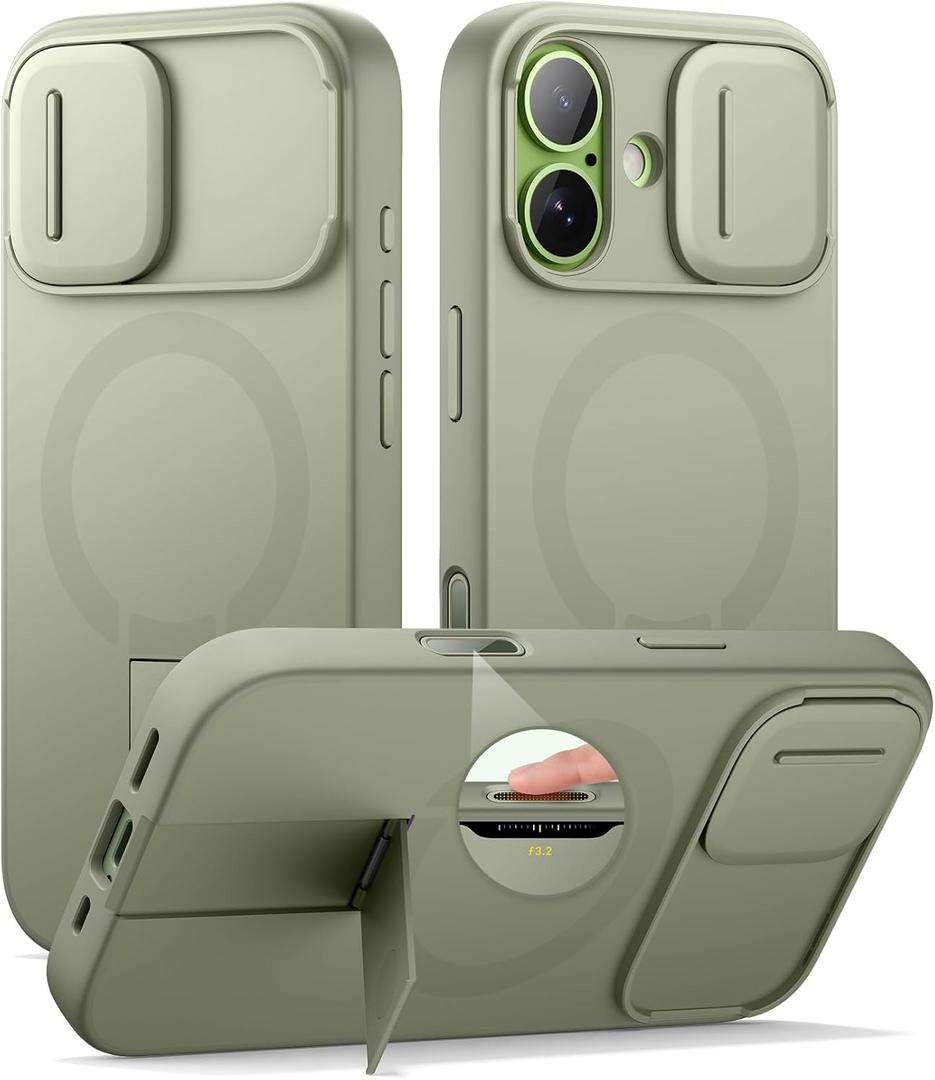 SURITCH for iPhone 17 Case with Camera Control Cover, Camera Slide Cover and Adjustable Kickstand, Compatible with MagSafe, Shockproof Bumper Protective Cases 6.3 Inch, Green