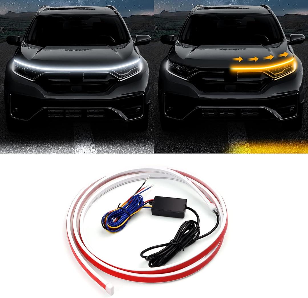 Cuttable LED Car Under Hood Light Strip Automotive Engine LED Strips Turning Light Guide Decorative Waterproof IP66 Daytime Exterior Decoration Accessories DC 15V White & Yellow 78.8in (78.8in White & Yellow)