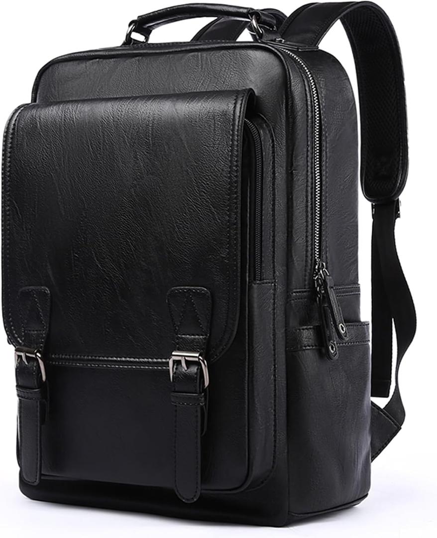 Leather Backpack fits 15.6 Inch Laptop Vintage Backpack Waterproof Flap Bookbag for Men Leather Travel Backpack for Men Casual Knapsack Black