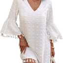 CHICME Women's Summer Dress Swiss Dot V Neck Bell Sleeve Shift Dress Casual Flowy Mini Dresses (White, S)