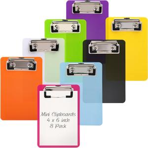 CEYAZYE 8 Pack Mini Clipboards 4x6in, Coloured Small Clip Board with Low Profile Clip, Plastic Clipboards Hangable Clip Boards, Writing Memo Document Form Holder for Office & Classroom Supplies