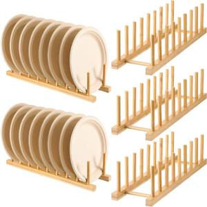 5 Pcs Bamboo Dish Racks, 8 Slots, Vertical Drainer, Plate Drying Stand Holder, Kitchen Cabinet Organizer for Dish, Pot Lids, Plates, Cups, and Cutting Boards and Books