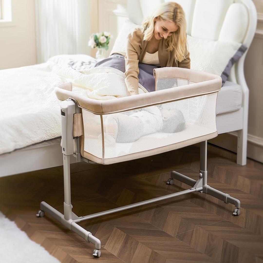 Baby Bassinet Bedside Sleeper 3-in-1, Easy Night Feeding with One-Side Fold & Rolling Wheels, Breathable Mesh, 6-Height Adjustable, Soft Mattress for Newborns (Beige Oatmeal)