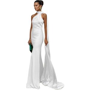 Women Satin One Shoulder Maxi Dress with Long Scarf Y2k Backless Long Prom Formal Evening Dresses (White, S)