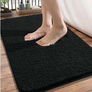 OLANLY Bathroom Rugs 34x21, Extra Soft Absorbent Chenille Bath Rugs, Rubber Backing Quick Dry, Machine Washable Bath Mats for Bathroom Floor, Tub and Shower, Home Decor Accessories, Black