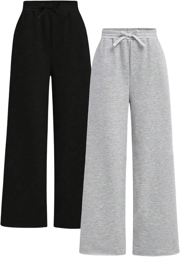 Girl's 2 Pack Sweatpants Elastic Waist Wide Straight Leg Pants High Waisted Casual Baggy Jogger Pants (Multicolor, 7Y)