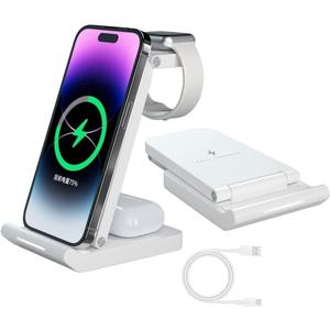 Wireless Charger iPhone Charging Station 3 in 1 Apple Phone Watch Airpods Pro Magsafe Stand Foldable Magnetic Charger Portable Fast Chargers for Travel,White