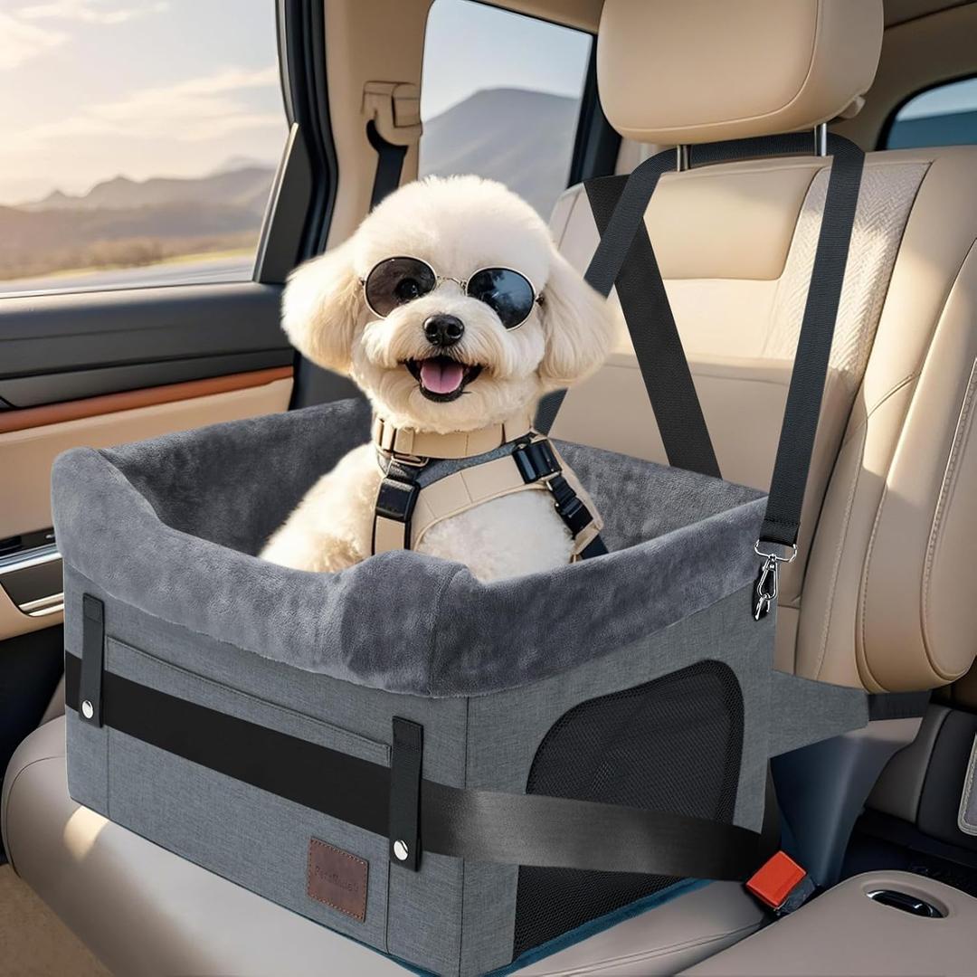 PetsHome Dog Car Seat for Small Dogs, Detachable Washable Pet Booster Seat with Storage Pocket, Breathable Mesh, Safety Leash, Adjustable Straps for Small Pets Up to 25lbs-Grey