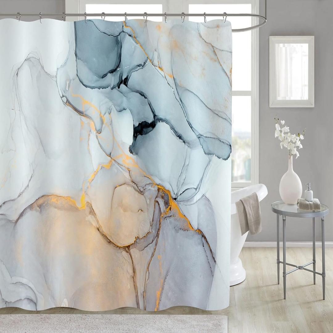 Gibelle Extra Long Shower Curtain 72 x 84, Tall Abstract Grey Blue Marble Shower Curtain, Modern Ink Art Waterproof Fabric Shower Curtain Set with Hooks,Grey, Blue, 72"W x 84"L (Pack of 1)
