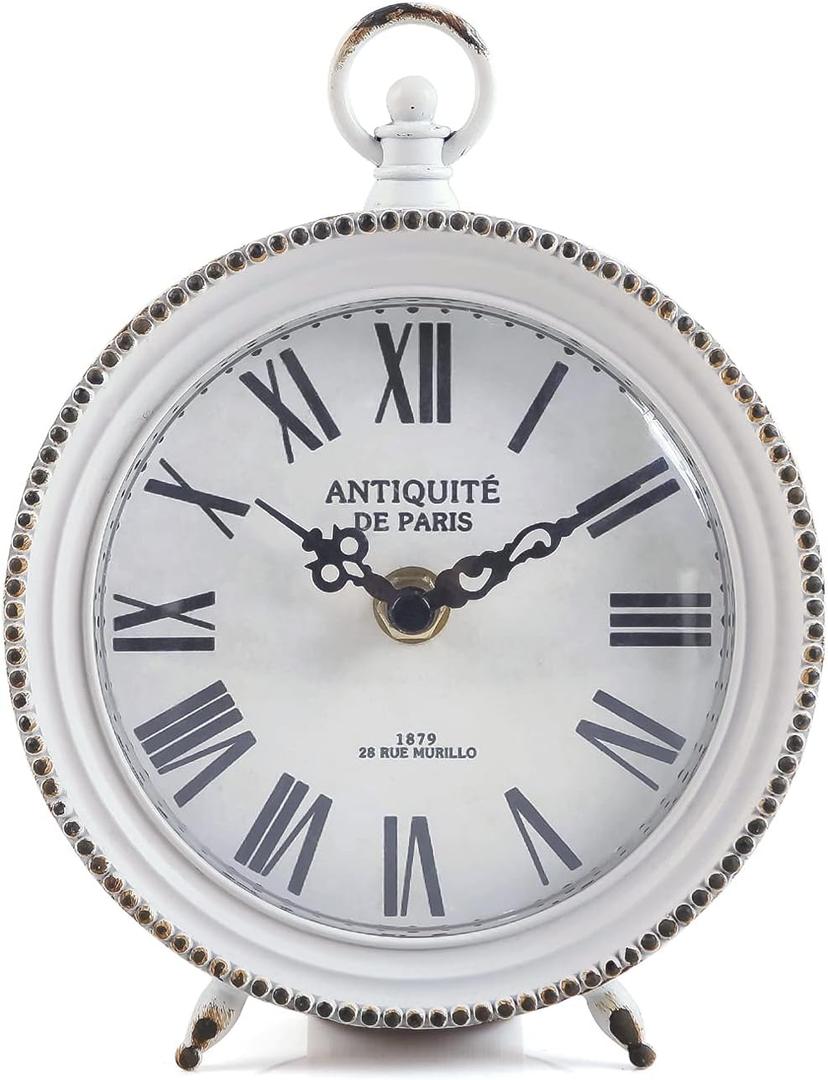 NIKKY HOME Vintage Table Clock with Handle, Shelf Desk Top Clock Battery Operated Rustic Design, Chic Home Decor for Fireplace Mantel, Desktop, Countertop, Distressed White NIKKY HOME Vintage Table Clock with Handle, Shelf Desk Top Clock Battery Operated Rustic Design, Chic Home Decor for Fireplace Mantel, Desktop, Countertop, Distressed White