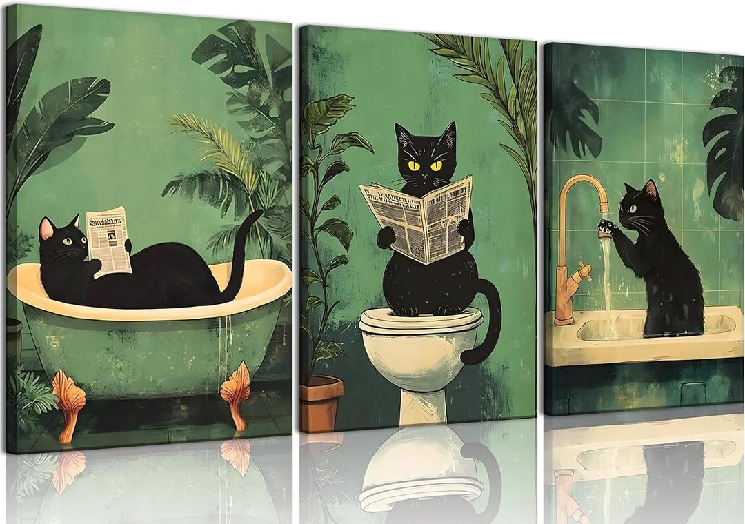 3Pcs Funny Black Cat Bathroom Canvas Wall Art Vintage Cat Wash its paws Reading Newspaper Posters Prints Modern Green bathroom Decor Pictures Painting for Bathroom Toilet Artwork Decorations, 24"L x 16"W Canvas