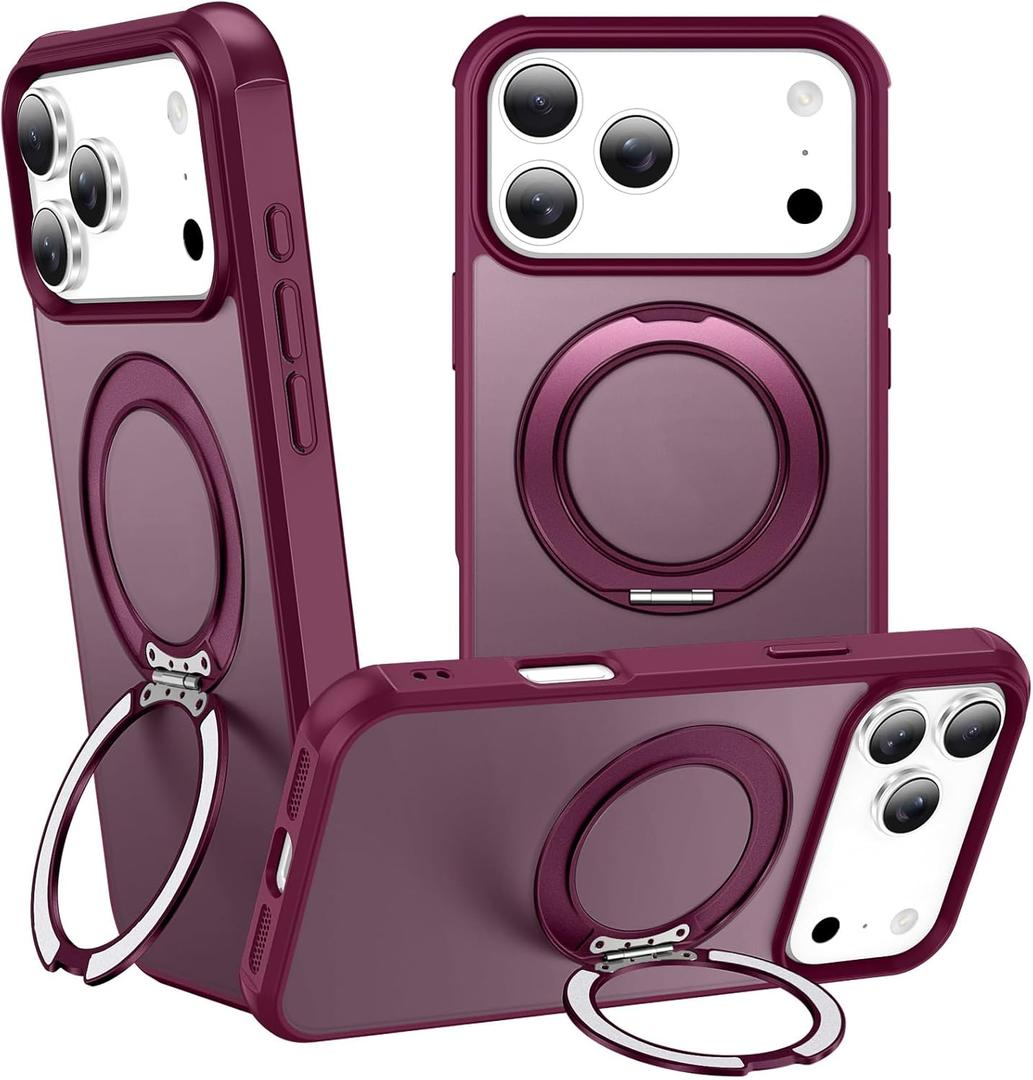 360 Magnetic Swivel Ring for iPhone 17 pro max case, Built-in Metal Stand and Ring Holder, Magsafe Compatible, Military Grade Protection, Shock and Vibration Resistant - Wine Red