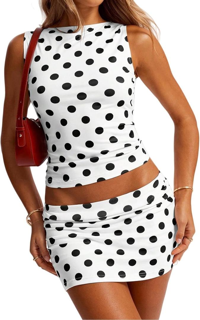 Women's Polka Dot Two Piece Sleeveless Crop Top Mini Skirt Y2K Party Summer Trendy 2026 Outfit (XS)