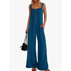 KIRUNDO Summer One Piece Jumpsuits For Women 2025 Casual Loose Button Sleeveless Romper Knit Wide Leg Overalls With Pockets XL
