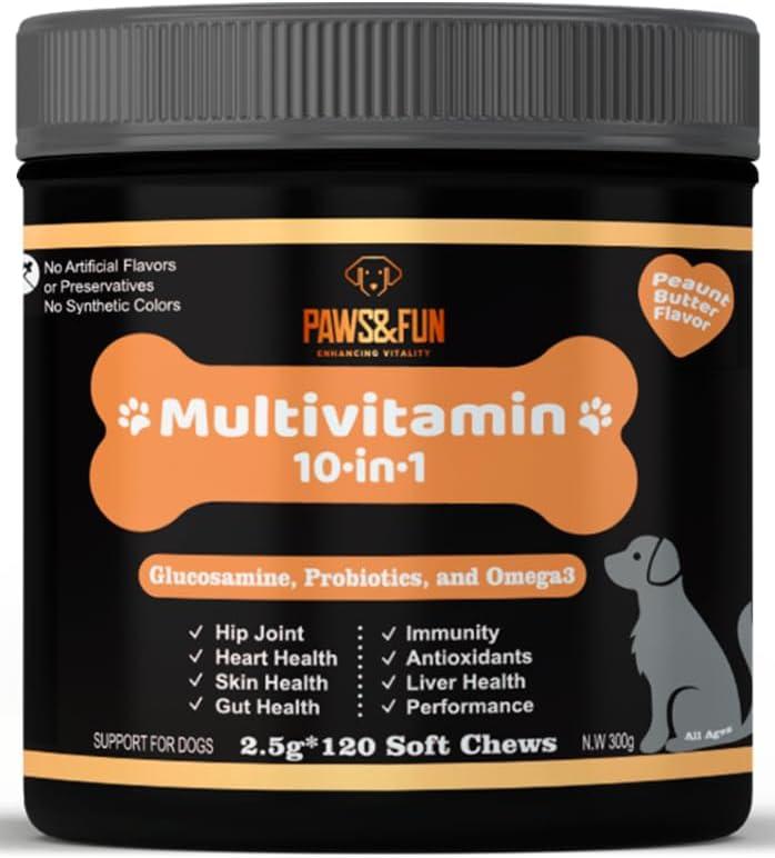 Paws&Fun  Dogs Supplement Multivitamin + Glucosamine for Hip & Joint + Probiotics for Digestion + Omega 3 Salmond Oil for Skin and Coat; 10 in 1 Chews (Peanut Butter 120ct)