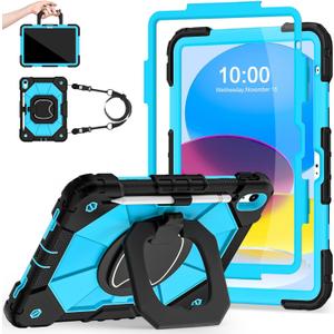 Case for iPad (A16)11th /10th Generation 11/10.9 Inch 2025/2022 with Screen Protector Rotating Stand Shoulder Strap Pencil Holder, Military Grade Shockproof iPad Case 10th Generation, Black Blue