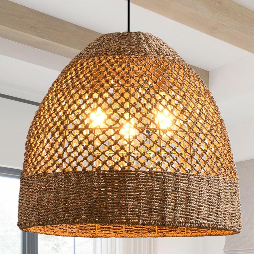 19 Large Rattan Pendant Light Fixture,3 Light Boho Handmade Woven Wicker Rattan Ceiling Farmhouse Chandelier for Kitchen Island Dining Rooms, Corridors, and Entrance Halls.