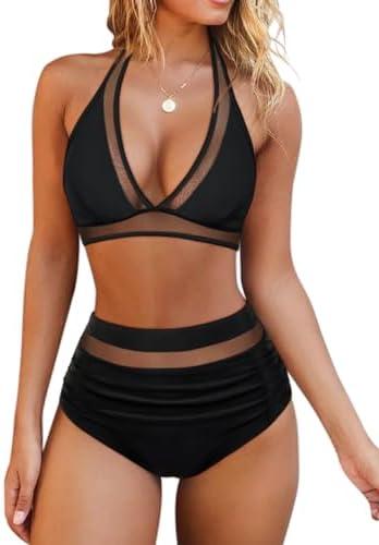 OMKAGI Women Mesh High Waisted Bikini Set Sexy V Neck Tummy Control Swimsuit Bathing Suit S