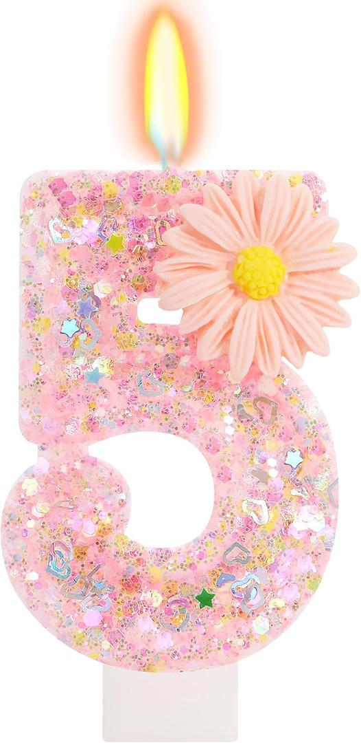 Pink Daisy Flower Number 5 Candle with Tray - 5th Birthday Decorations for Girls, 2.76 Inch Glitter Cake Topper for Princess & Garden Parties
