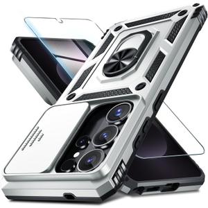 Janmitta Compatible with Samsung Galaxy S26 Ultra Case Built in Slide Camera Lens Cover+Screen Protector+Finger Ring Holder Kickstand,Heavy Duty Shockproof Full Body Phone Cover,2026 Silver