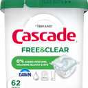 Cascade Free & Clear Dishwasher Pods, Dishwasher Detergent, Dish Detergent Soap, Unscented, 62ct