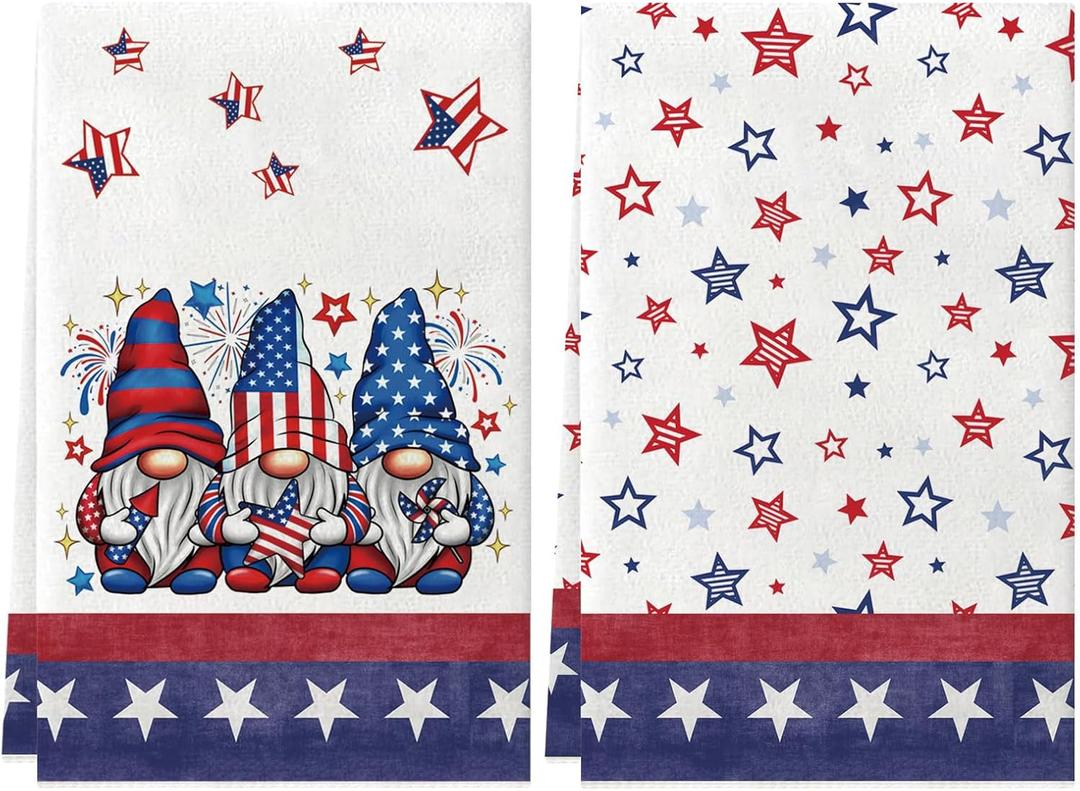 Gnomes Stars 4th of July Kitchen Towels Patriotic Decorations Memorial Day Independence Day Dish Towels 18x26 Inch Hand Towels Set of 2