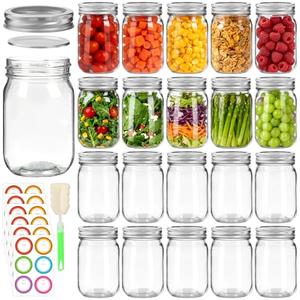 Mcupper 20 Pack 12 oz Mason Jars with Lids and Bands, Regular Mouth Glass Canning Jars with Labels and Brusher for Storage, Canning & Preserving, Dishwasher & Microwave Safe,  12oz-Sliver Lid & Band