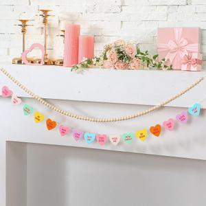 Hahafelt 2 Pcs Valentine's Day Garland Conversation Heart Banner Garland for Mantle Felt Valentines Candy Envelope Banner and Wood Bead Garlands for Mantle Fireplace Wall Decor(Candy Heart)