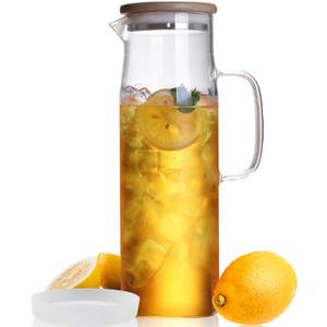 Hjn Glass Water Pitcher with Lid Glass Carafe with Handle, Fridge Water Jug for Cold or Hot Beverages, Iced Tea, Milk, Juice 1500ml/51oz & bamboo lid