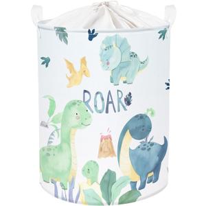 Clastyle 45L Cartoon Green Dinosaur Laundry Basket with Handle Round Bedroom Bathroon Toys Clothes Storage Basket for Nursery