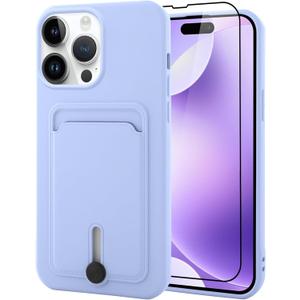 MZELQ TPU Wallet Compatible with iPhone 15 Pro Case, Card Holder Camera Protection Cover + Screen Protector, Push-able Slot for Girls Women -Purple