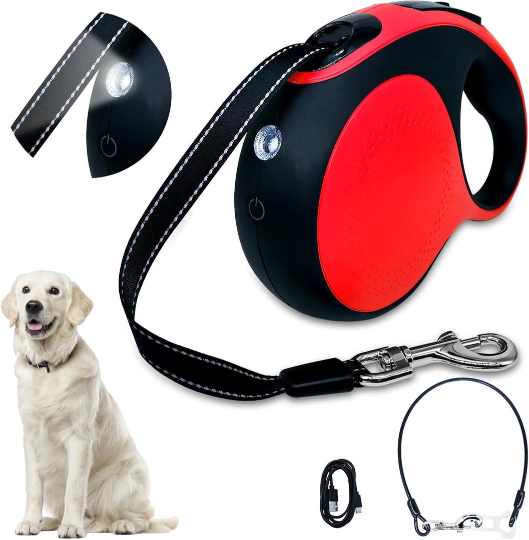 Retractable Dog Leash with chew-Proof Cord and LED Flashlight, 16-ft Heavy-Duty Dog Leash, Suitable for Small/Medium Dogs Weighing up to 110 pounds, Reflective Rope, 360 Anti-tangling.(Red+16Ft+LED)