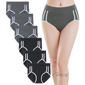 Women Underwear Cotton Mid-High Waist Women's Briefs Panties 6 Pack (Large, Black*3+grey*3)