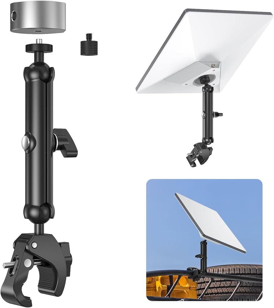 Starlink Mini RV Mount, Aluminum Starlink Mini Clamp Mount with Pipe Adapter, 1/4"-20 & 3/8"-16 Thread & Adjustable Bracket Fits 2025 Starlink Mini, for RV, Boat, Camper, Roof Rack, Balcony, and More (Gray)