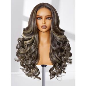 GORGIUS Glueless Loose Body Wave Lace Front Wigs Brown and Blonde Highlight Synthetic Hair Pre Cut Pre Plucked Middle Part Closure Wig For Women Pre Bleached Natural Hairline 24 Inch