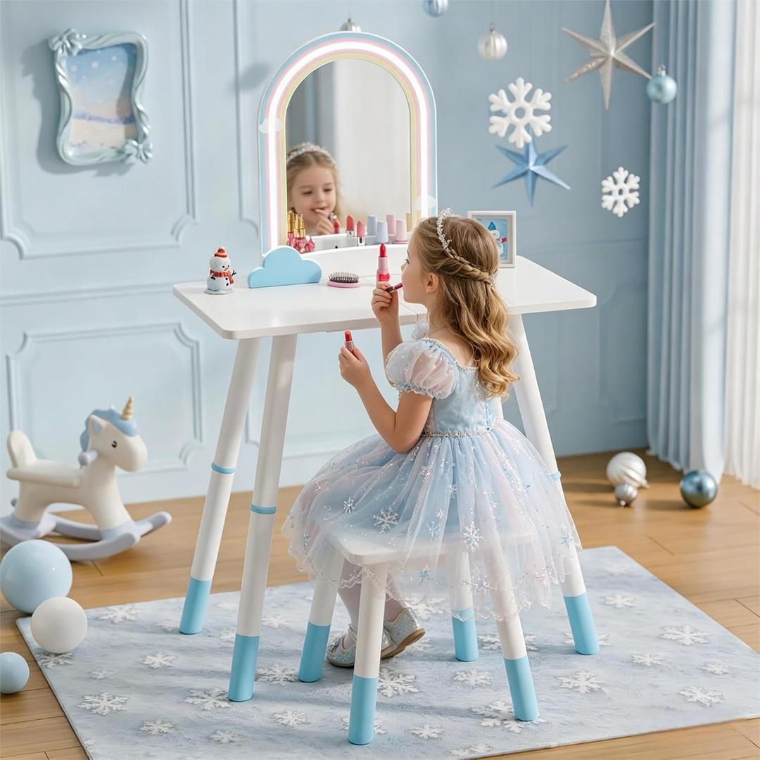 TOLEAD Blue Kids Vanity Table and Chair Set, Adjustable Height Kids Vanity with LED Lights, Princess Girls Vanity Set with Stool, Toddler Make Up Vanity Desk with Storage Space for Little Girls