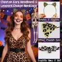 2 x Cheetah Leopard Ears Headband with Bell Choker- Leopard Print Cat Ears Headband for Cheetah Costume Women Adult, Halloween Party Cosplay Costumes Accessories