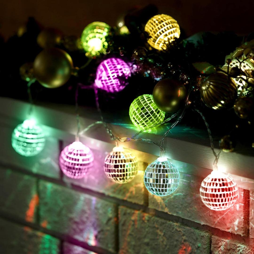 BBTO 10 Pcs LED Disco Ball String Light 2 Inch Battery Powered Mirror Ball Ornaments 70s 80s 90s Disco Party Supplies(Colorful) (1.97 inch x 5.91 ft)