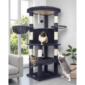 Globlazer Corner Cat Tree Tower for Indoor Cats, 51in Multi-Level Cat Condo Tower with Large Hammock, 7 Sisal Scratching Posts, Oversized Top Perch, Spacious Cat Cave, Hanging Basket, C51, Dark Grey