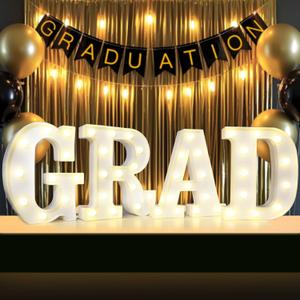Graduation Decorations 2026, 4 LED Light Up Letters GRAD Sign for Class of 2026, Battery Operated Marquee Letter Lights GRAD Sign for High School Senior College Graduation Party Supplies- Warm White